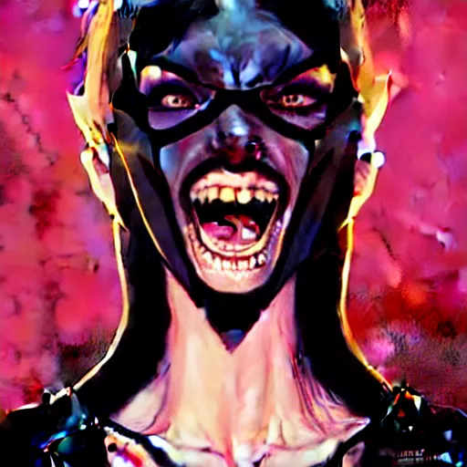 Image similar to rafael albuquerque comic art, peter mohrbacher, steve niles, artgerm, pretty elizabeth olson vampire sharp vampire teeth open mouth, symmetrical eyes, black leather jacket, jeans, long blonde hair