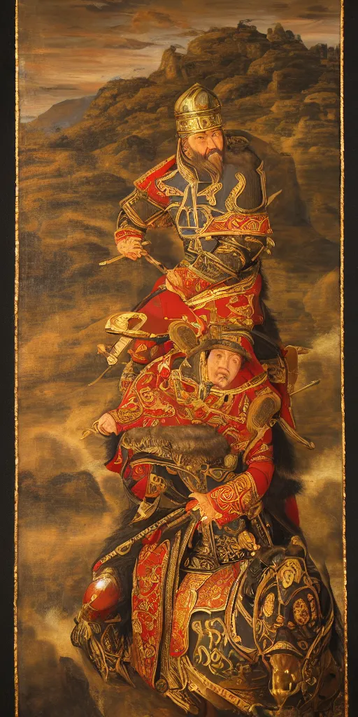 Image similar to Highly detailed and cinematic Renaissance period portrait oil painting of the Mongol Emperor Kublai Khan, an oil painting ((masterpiece)) by ((Josep Tapiró Baró)), dynamic lighting, 8K