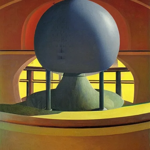 Image similar to giant spherical eye being lowered through the roof of a dome - shaped control center, grant wood, pj crook, edward hopper, oil on canvas