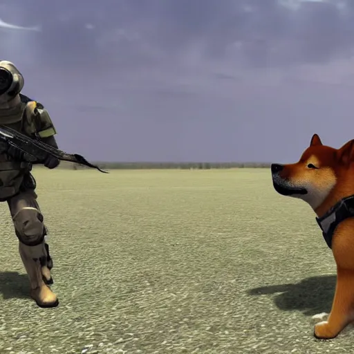 Image similar to anthropomorphic shiba inu, wearing s. t. a. l. k. e. r. freedom exoskeleton without helmet, with rifle in hands, standing near himars, still