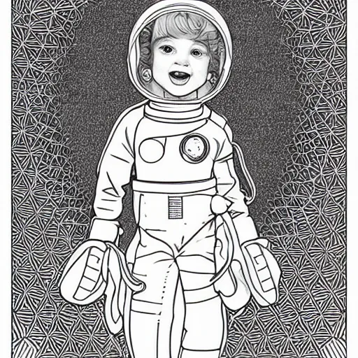 Image similar to clean simple line art of a cute little girl with short wavy curly hair. she is dressed as an astronaut. no background. well composed, clean coloring book page, beautiful detailed face. coloring book line art by artgerm and greg rutkowski and johanna basford and alphonse mucha