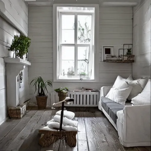 Image similar to a very clean cottage interior. cozy. artistic. simplistic