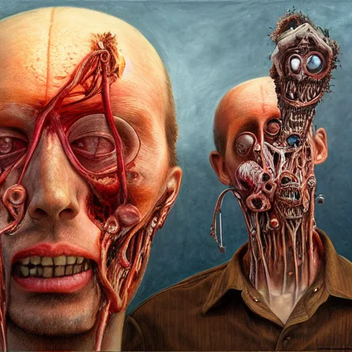 Prompt: the youtuber nostalgia critic portrait, doug walker, body horror, biopunk, creative design, oil on canvas, zdzisław beksinski, marco mazzoni, peter gric