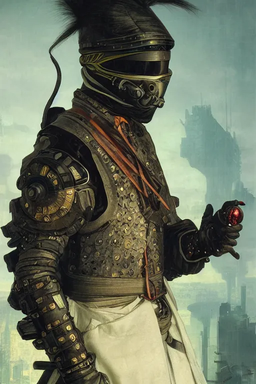 Prompt: a hyperdetailed matte portrait of a cyberpunk ninja dressed as a 1 6 th century euopean nobleman, highly detailed, deep focus, elegant, digital painting, sharp focus, ultra realistic, 8 k, art by greg rutkowski and rembrandt and alphonse mucha, ultrawide lens