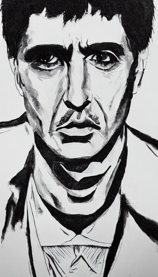 Prompt: close up. perfect symmetric face, coherent symmetric eyes. detailed face. tony montana from movie scarface. ink paint