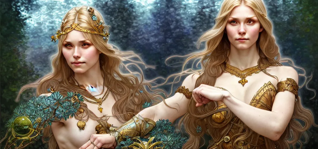 Prompt: a beautiful nordic goddess fighting a sasquatch, beautiful detailed eyes, cute, fantasy, intricate, elegant, highly detailed, digital painting, 4 k, hdr, concept art, detailed jewelry, smooth, sharp focus, illustration, art by artgerm, da vinci and alphonse mucha