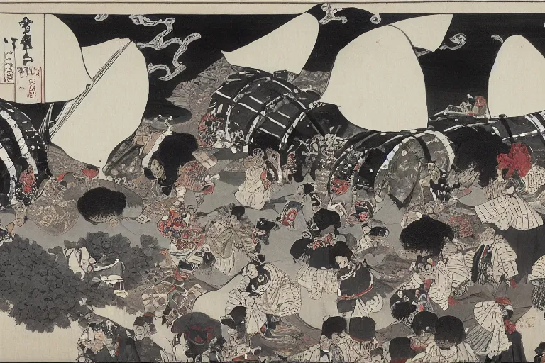 Prompt: black and white japanese painting of a circus, lots of clowns, flat, extremely detailed, water color and ink, painted by hokusai, 4 k,