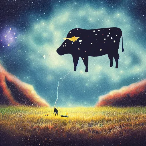 Prompt: a detailed picture of stars and a nebula shaped like a cow in a grassy field wearing a witch hat, cow wearing hat!!! viewed in profile and far away, fog in the background, ultrawide lens, aerial photography, black and blue color scheme with gold highlights, art by miyazaki and rembrandt, artstation, 8 k