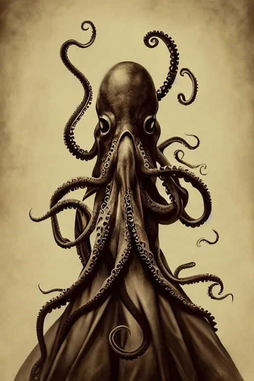 Image similar to wet plate photograph of an anthropomorphic octopus dressed in a victorian - era ballgown, dramatic lighting, highly detailed, digital painting, artstation, concept art, smooth, sharp focus, illustration, art by wlop, mars ravelo and greg rutkowski