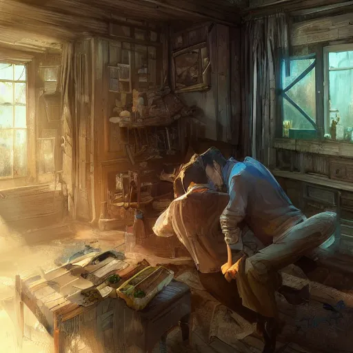 Prompt: two husbands leave each other inside a big wooden broken house by Stanley Artgerm Lau, WLOP, Rossdraws, James Jean, Andrei Riabovitchev, Marc Simonetti, Yoshitaka Amano, ArtStation, CGSociety