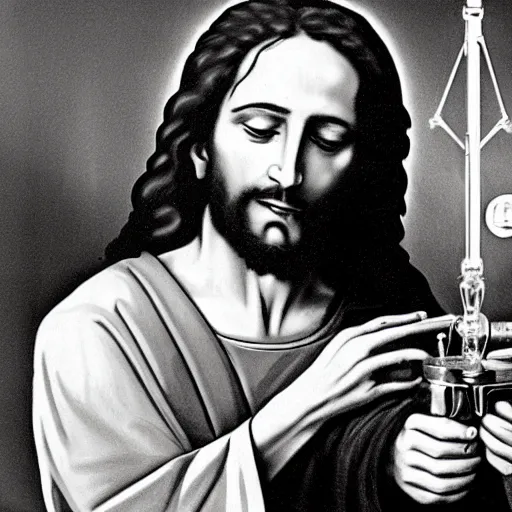Prompt: studio photo of jesus using a medical bong, studio portrait