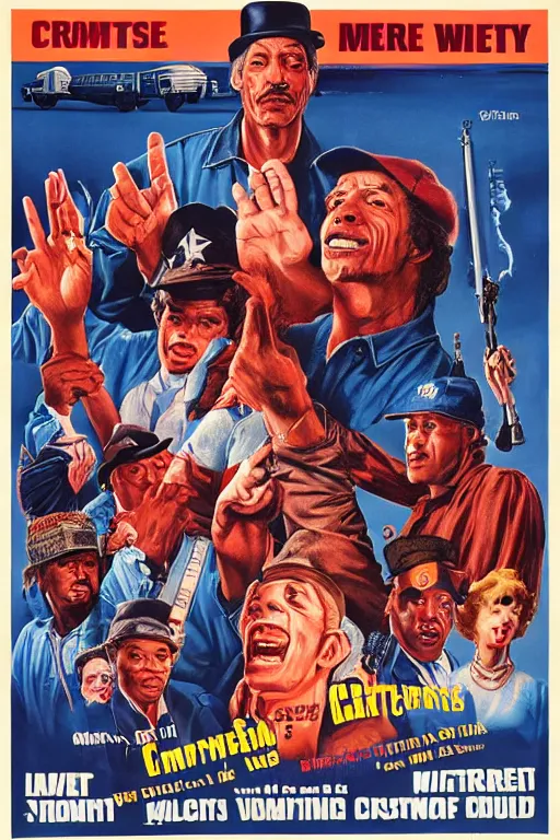 Image similar to vintage movie poster ernest goes to compton, jim varney, gangs, crips, bloods, 1 9 8 2, drew struzan inspiration