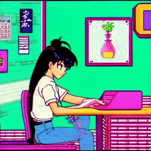 Image similar to girl sitting at her computer, sprite, vaporwave nostalgia, directed by beat takeshi, visual novel cg, 8 0 s anime vibe, kimagure orange road, maison ikkoku, sketch by osamu tezuka, directed by makoto shinkai and beat takeshi