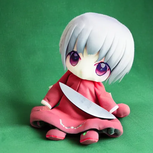 Prompt: cute fumo plush of a girl who likes to play with knives, bladework girl, vray