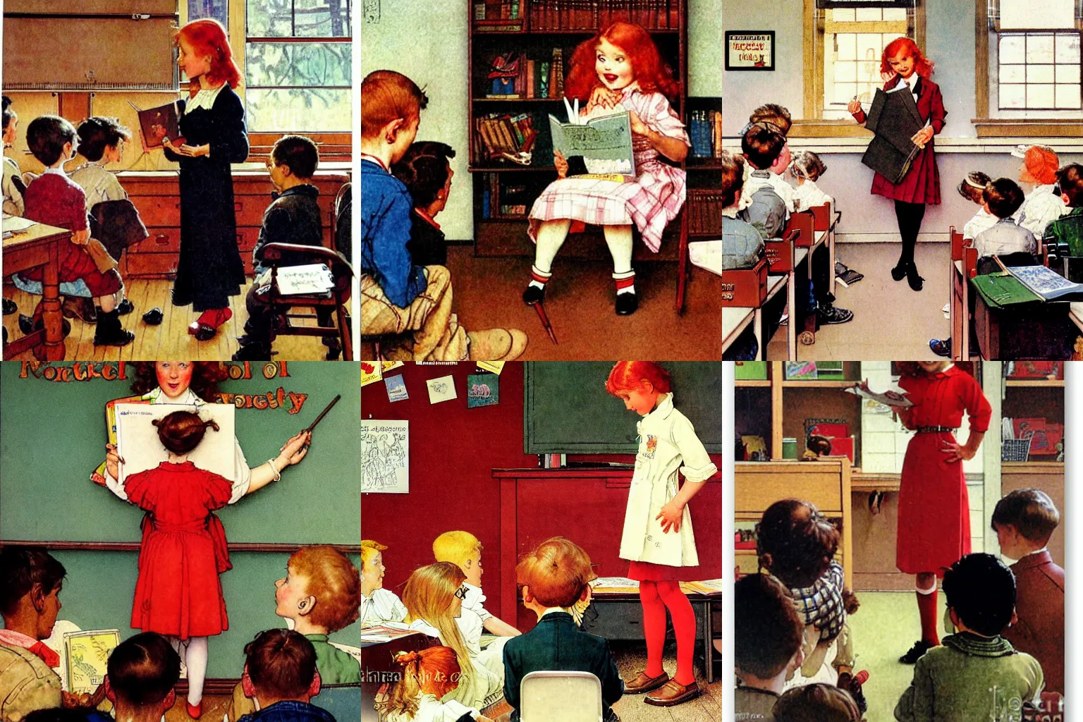 Prompt: a red headed child giving a presentation in a classroom, children's book illustration by norman rockwell