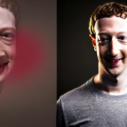 Prompt: a full portrait of evil grinning mark zuckerberg with pale skin and bloodshot eyes and blood flowing from his eyes over his cheeks f / 2 2, 3 5 mm, 2 7 0 0 k, lighting, perfect faces, award winning photography.