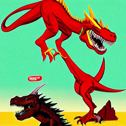 Prompt: dragon fighting t-rex