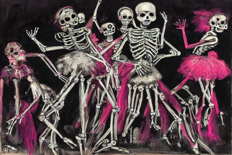 Image similar to scene from ballet, day of the dead, cyber skeletons, queen in black silk in the center, neon painting by otto dix