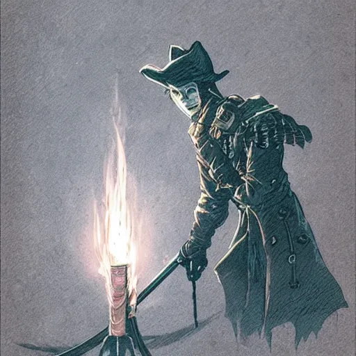 Prompt: hunter from bloodborne holding a torch, concept art by otomo katsuhiro, behance contest winner, retrofuturism, toonami, redshift, official art