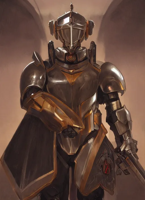 Image similar to medium-length portrait of a male paladin with short curly hair and a dark beard, dark brown skin, happy expression, wears a suit of power armor, gundam, holding buster sword aloft, medieval setting, highly detailed, digital painting, artstation, concept art, sharp focus, illustration, art by greg rutkowski and alphonse mucha