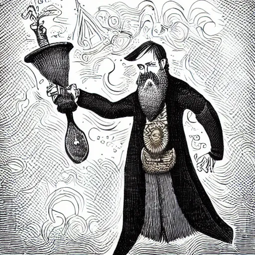 Image similar to wizard with beard, holding a bomb, dnd, high detail, fantasy, in the style of vintage antique illustration and line drawing or engraving - c 9. 0