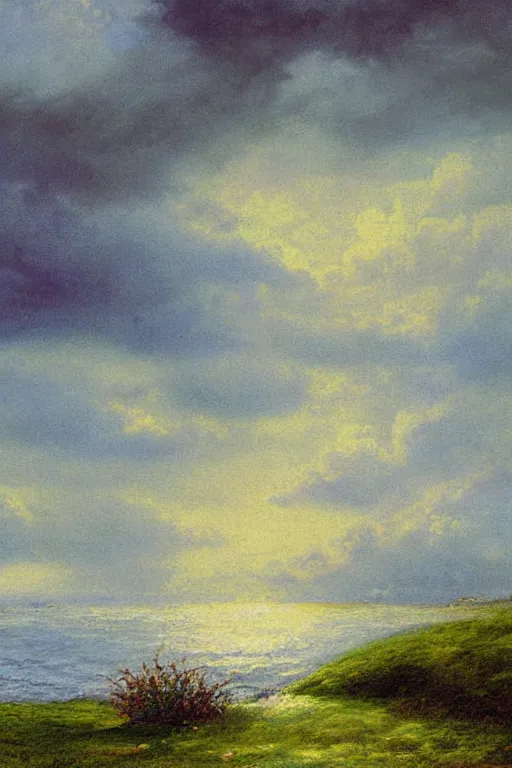 Prompt: digital painting detailed serene ocean mist candy cloudy sky by arthur hughes