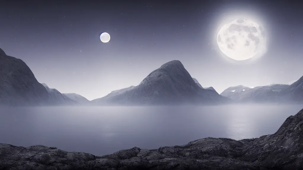 Image similar to a night view of the full moon above fjords, dark, very dark, blue, almost black, dark, dark, dark, dark, moon on the right, moon on the right, moon located on the right, the moon is on the right side, matte painting, concept art, 4 k