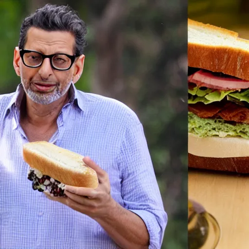 Prompt: fat Jeff Goldblum eating a sandwich