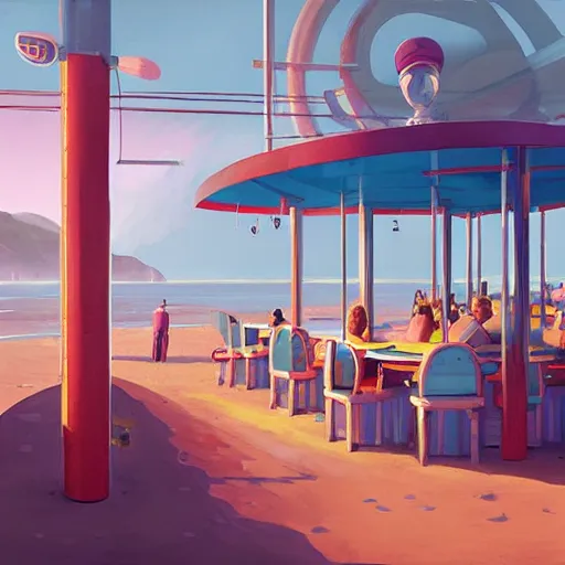 Image similar to inside diner at the beach by simon stalenhag