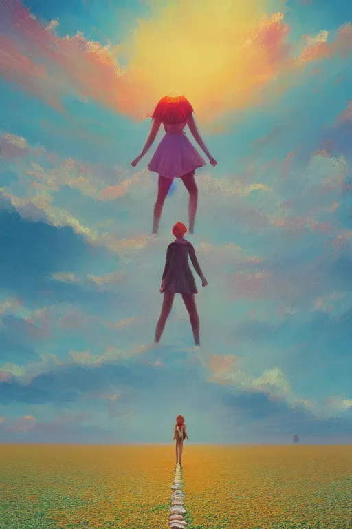 Image similar to giant daisy flower head, girl walking on salt flats mountains, surreal photography, sunrise, dramatic light, impressionist painting, colorful clouds, digital painting, artstation, simon stalenhag