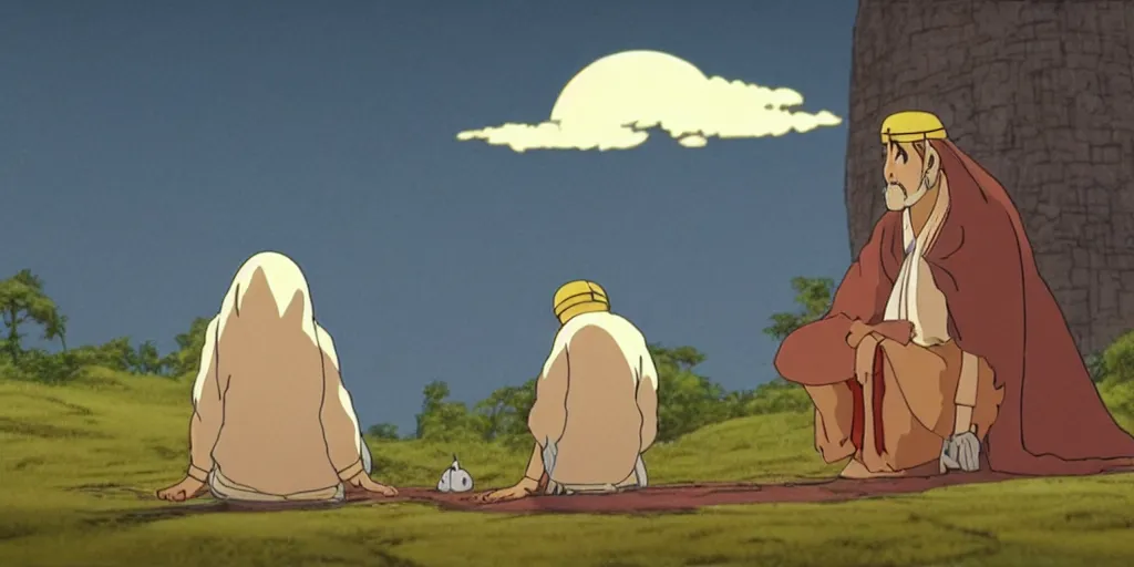 Image similar to a cell - shaded cartoon movie still from princess mononoke ( 1 9 9 7 ) of a middle eastern imam kneeling in prayer. a golden ufo is in the sky. very dull muted colors, hd, 4 k, hq