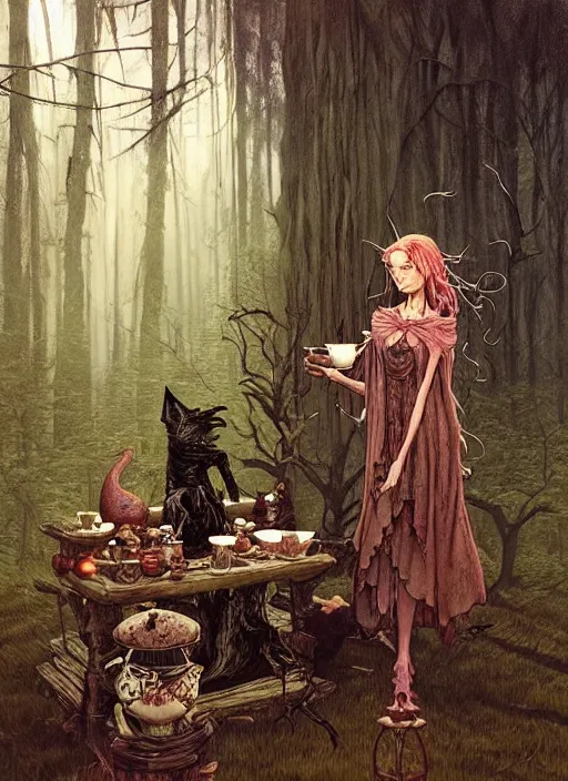 Image similar to witch having tea at a shrine in the woods gorgeous lighting, lush forest foliage a hyper realistic painting by chiara bautista and beksinski and norman rockwell and greg rutkowski weta studio, and lucasfilm