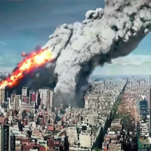 Image similar to kim jong un godzilla destroying manhattan new york city, kim jong - un, godzilla, destruction, hyper realistic, helicopter photo