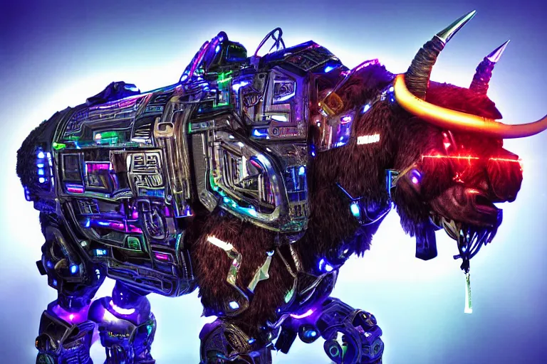 Image similar to a cybertronic bison, leds, high detail, sharp, studio, digital art