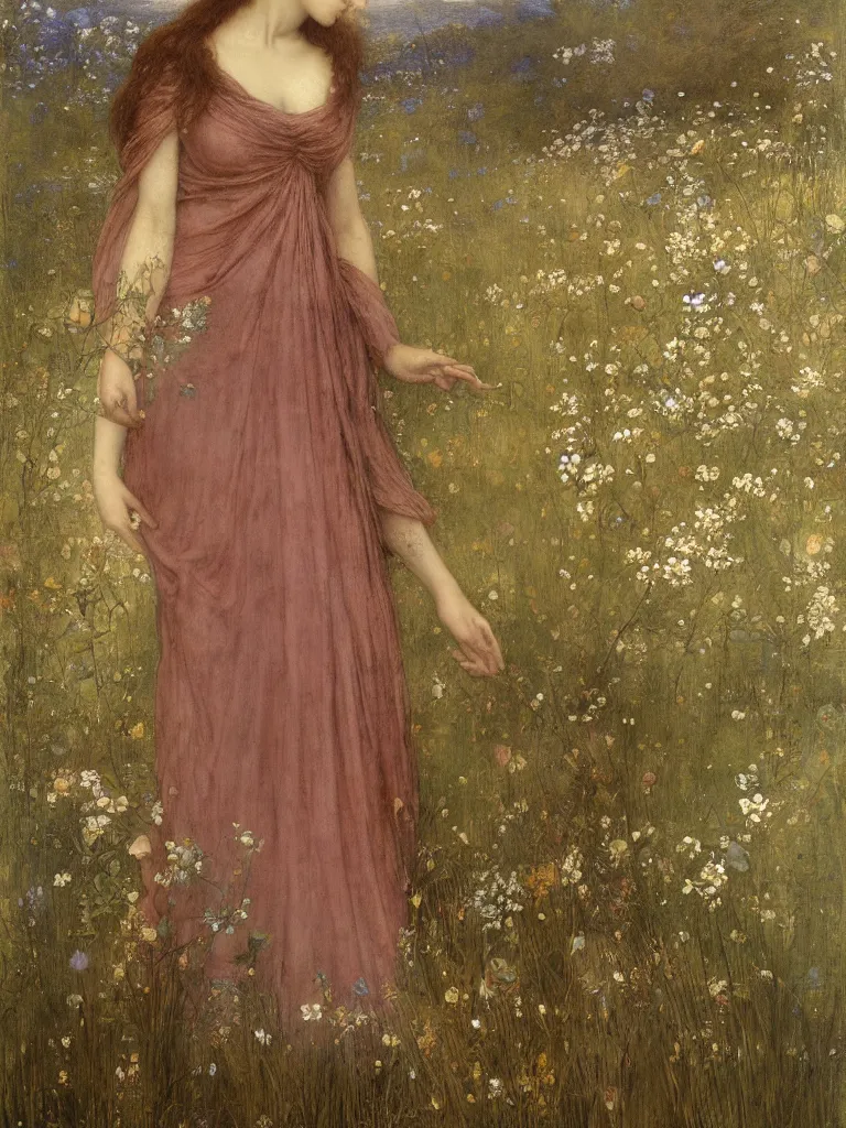 Image similar to beautiful pre - raphaelite woman, flower halo, flowing gown with empire waist in a wildflower meadow, floating leaves, fairys and flower petals in background, painterly, briar patch, thorns, dreamy, painted by jeremy mann, edward burne - jones, and john everett millais, alma tadema, ethereal, stunning, god rays, detailed