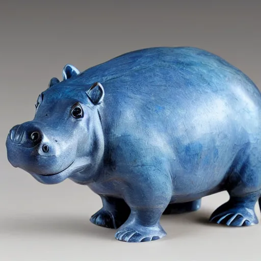 Image similar to a small hippo statue carved from natural wood and polished blue resin, half and half, mixed media, side view