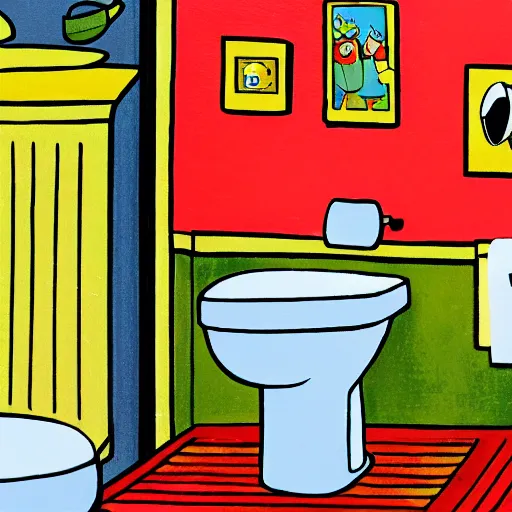 Prompt: photograph of a toilet. the toilet is covered in a painting by richard scarry