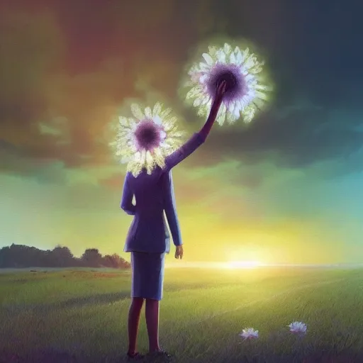 Prompt: giant daisy flower above head, frontal, a girl in a suit, surreal photography, sunrise, dramatic light, impressionist painting, digital painting, artstation, simon stalenhag