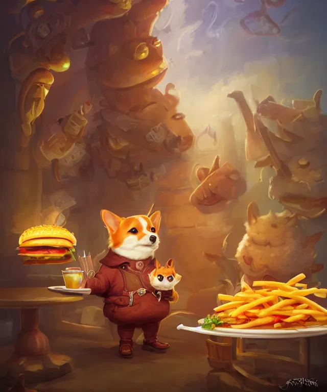 Image similar to a portrait of an anthropomorphic corgi cat eating hamburgers and fries, restaurant in background, cute and adorable, dnd character art portrait, well rendered matte fantasy painting, deviantart artstation, by jason felix by steve argyle by tyler jacobson by peter mohrbacher, cinematic lighting