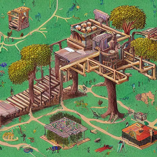 Image similar to Isometric view of a tree house society, intricate, illustration, hyper detailed, detailed