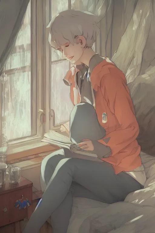 Prompt: a teenage girl with white short hair in a jk uniform outfit in the bedroom reading a book in a night, raining outside the window, grey and orange theme, by krenz cushart and mucha and greg rutkowski and makoto shinkai, detailed eyes, 4 k resolution