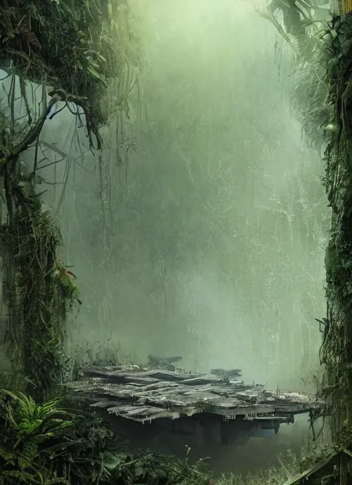 Prompt: decayed rusty aircraft carrier USS Nimitz laying on the ground of a tropical forest, overgrown with vegetation, hanging vines, post appocalyptic, by Luis Royo, by Greg Rutkowski, dark, gritty, intricate, cover illustration, concept art, volumetric lighting, volumetric atmosphere, sharp focus, octane render, trending on artstation, 8k