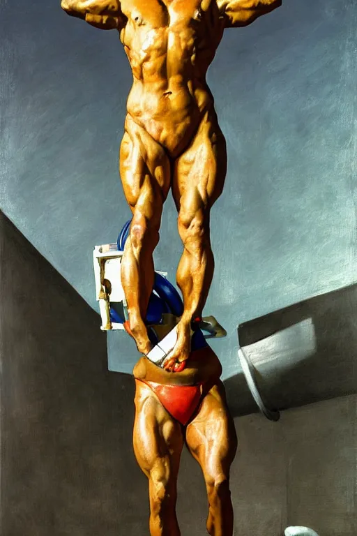 Image similar to bodybuilder in an astronaut helmet lifts a statue of a horse, highly detailed painting by francis bacon, edward hopper, adrian ghenie, gerhard richter, and james jean soft light 4 k,
