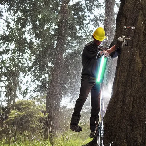 Image similar to a man cutting a tree with a lightsaber