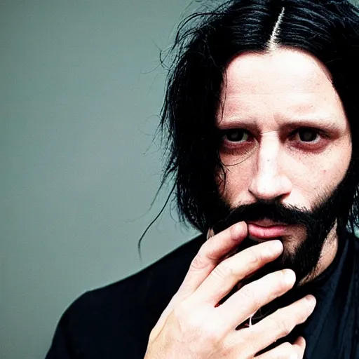 Prompt: hd portrait of a 3 5 - year old man with a disorienting, clinical aesthetic. black hair. black clothes. a modern - day warlock and psychonaut of the mastigos path. portrait photography by annie leibovitz.