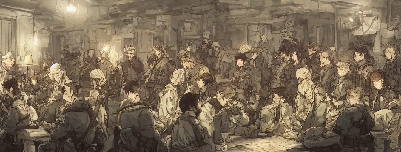 Prompt: calvary soldiers in a meeting with their general before their deaths. hyperrealistic anime background illustration by kim jung gi, colorful, extremely detailed faces, intricate linework, smooth, super sharp focus, bright colors, high contrast, matte, octopath traveler, studio ghibli, unreal engine 5 highly rendered, global illumination, radiant light