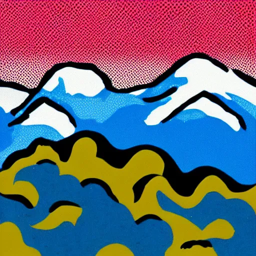 Prompt: a bloom moon over the alps at sunset in the summer in the style of roy lichtenstein, halftone dots - n 6