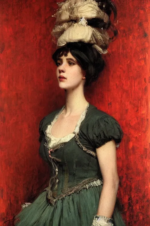 Image similar to Solomon Joseph Solomon and Richard Schmid and Jeremy Lipking victorian genre painting full length portrait painting of a young beautiful woman traditional german barmaid in fantasy costume, red background