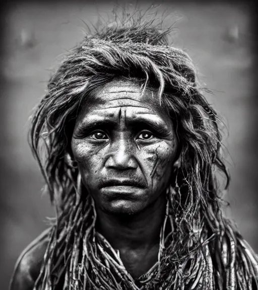 Image similar to Award winning reportage photo of Tuvalu Natives with incredible insane hair and beautiful hyper-detailed eyes wearing traditional garb by Lee Jeffries, 85mm ND 5, perfect lighting, gelatin silver process