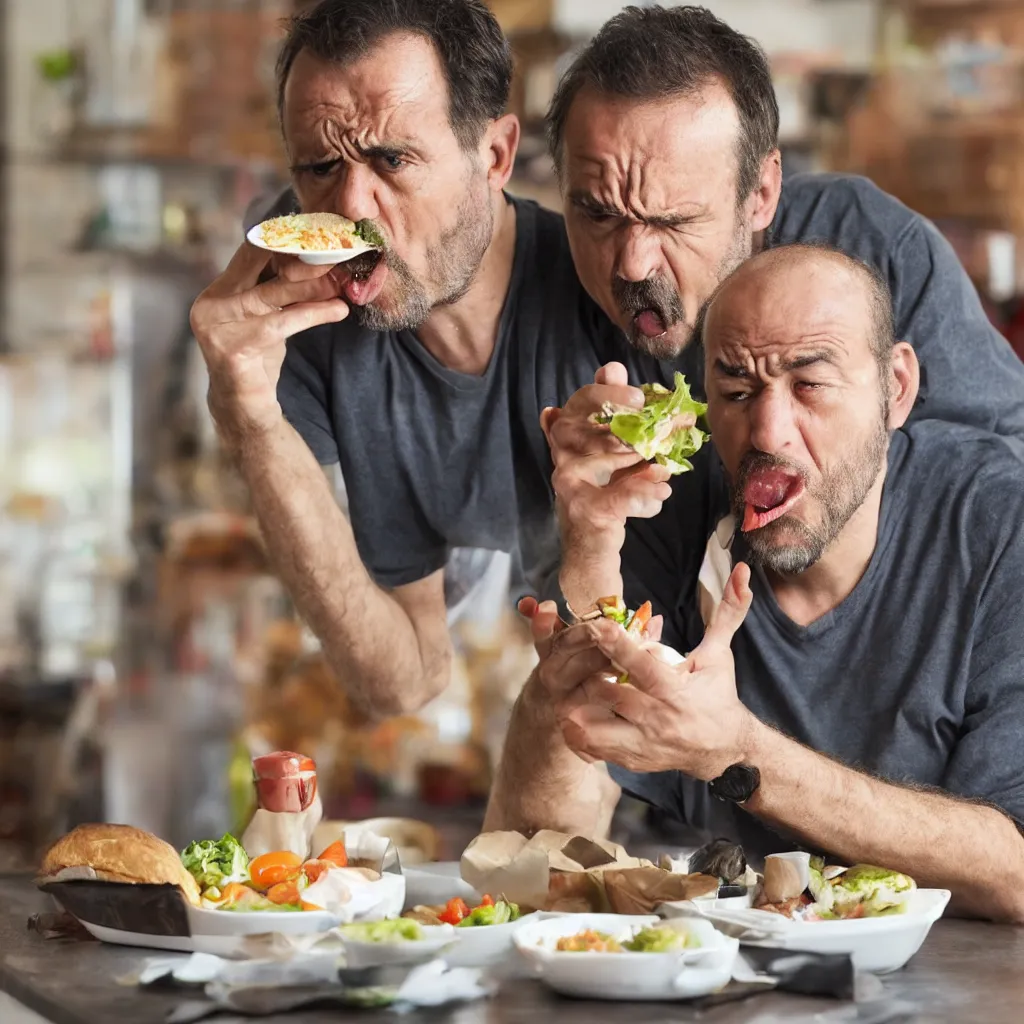 Image similar to A man looking in disgust at his lunch